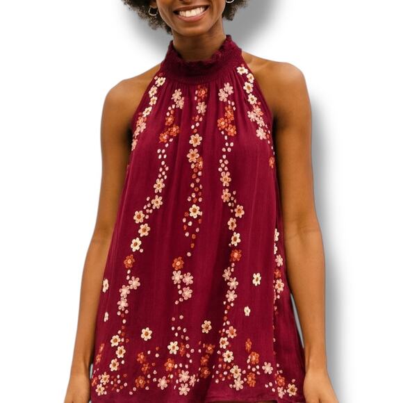 Floret Burgundy Embroidered Dark Floral High Neck Sleeveless Flowy Top Small - Picture 1 of 10